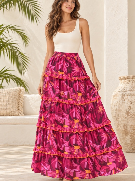 FARM Rio Dresses & Skirts - FARM Rio Magenta Tropical Tiered Maxi Skirt with Orange Accents